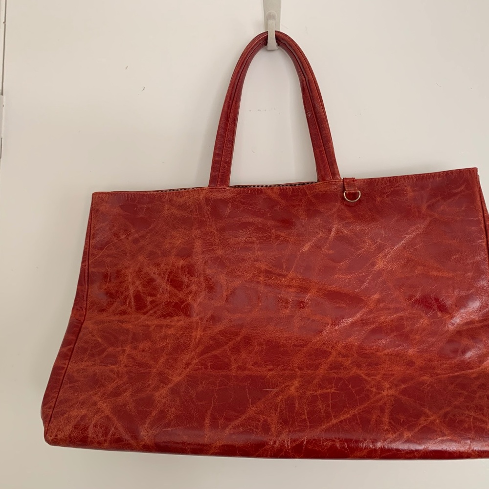 Large Genuine Leather Tote Bag – Burnt Orange – Striped Interior